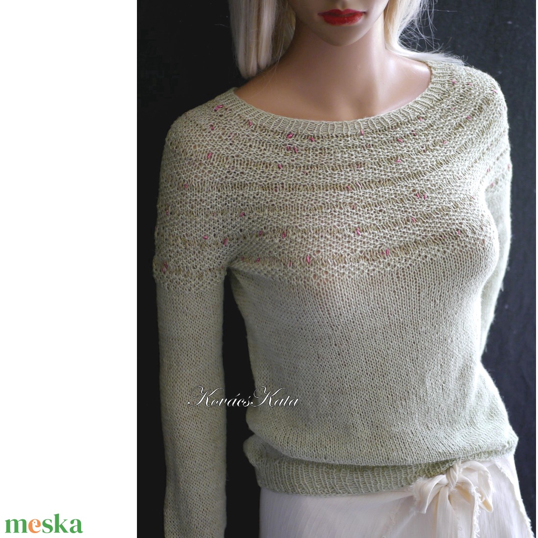 LAZY LINEN / menta - exkluzív gyapjú-len kézzel kötött  pulóver  - ruha & divat - női ruha - pulóver - Meska.hu