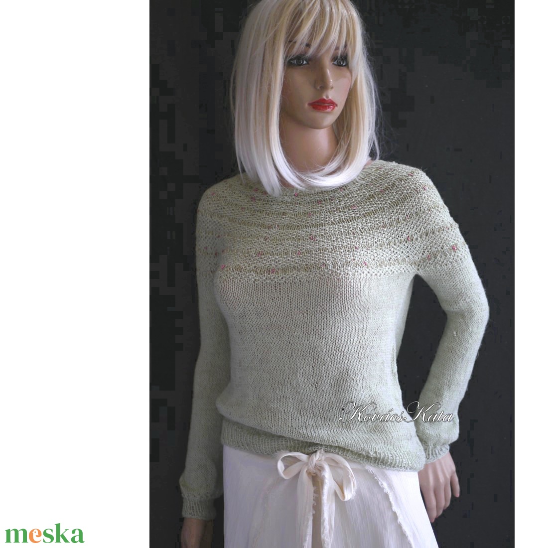 LAZY LINEN / menta - exkluzív gyapjú-len kézzel kötött  pulóver  - ruha & divat - női ruha - pulóver - Meska.hu