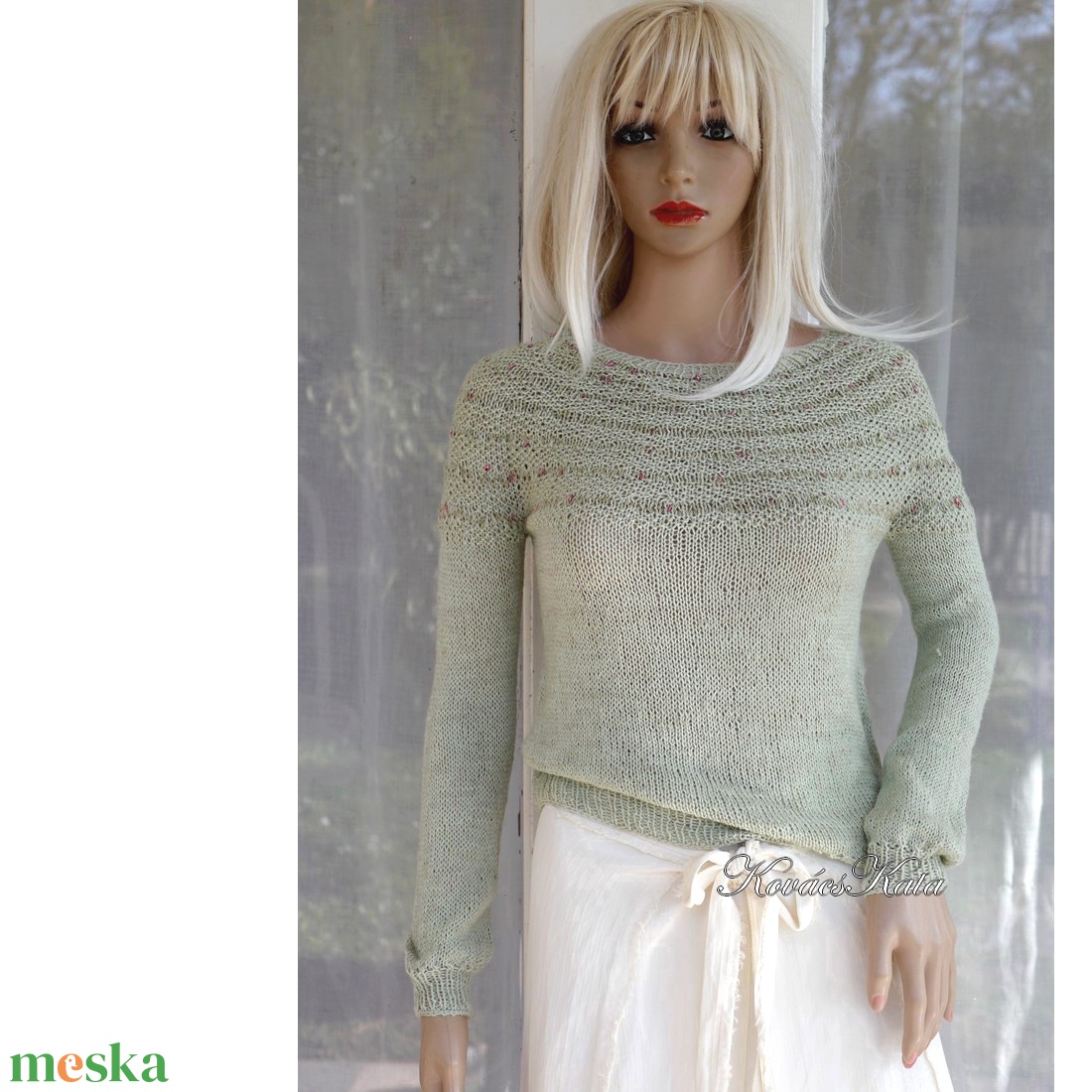 LAZY LINEN / menta - exkluzív gyapjú-len kézzel kötött  pulóver  - ruha & divat - női ruha - pulóver - Meska.hu