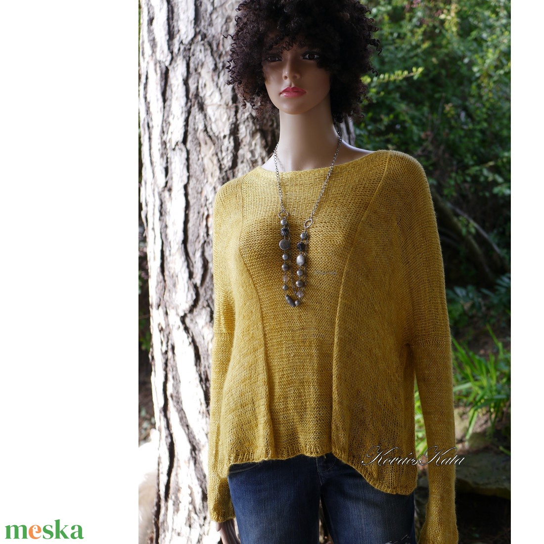 TUSSAH / mustár - exkluzív egyedi festésű kézzel kötött 100% vadselyem flowing pulóver  - ruha & divat - női ruha - pulóver - Meska.hu