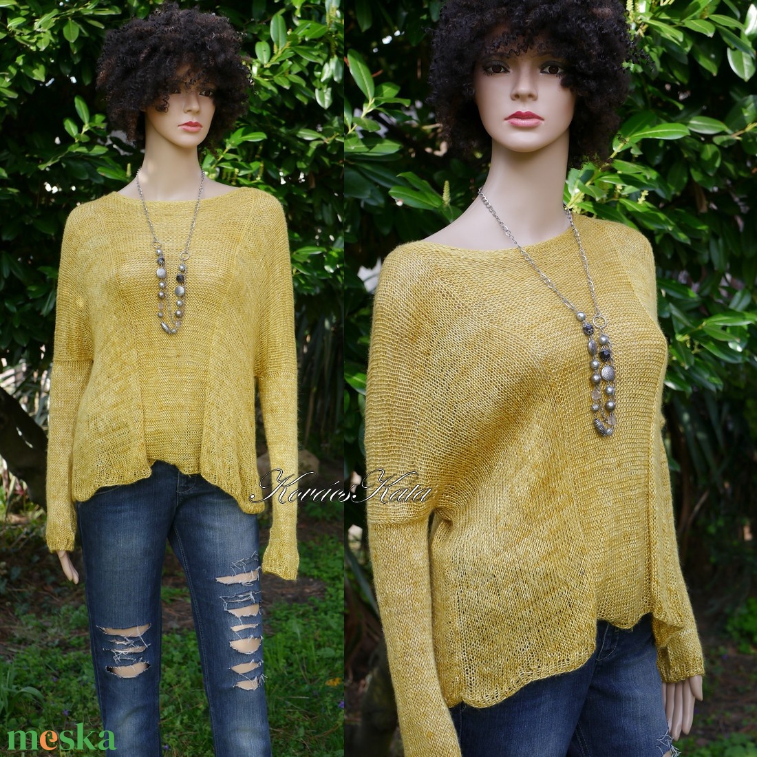 TUSSAH / mustár - exkluzív egyedi festésű kézzel kötött 100% vadselyem flowing pulóver  - ruha & divat - női ruha - pulóver - Meska.hu