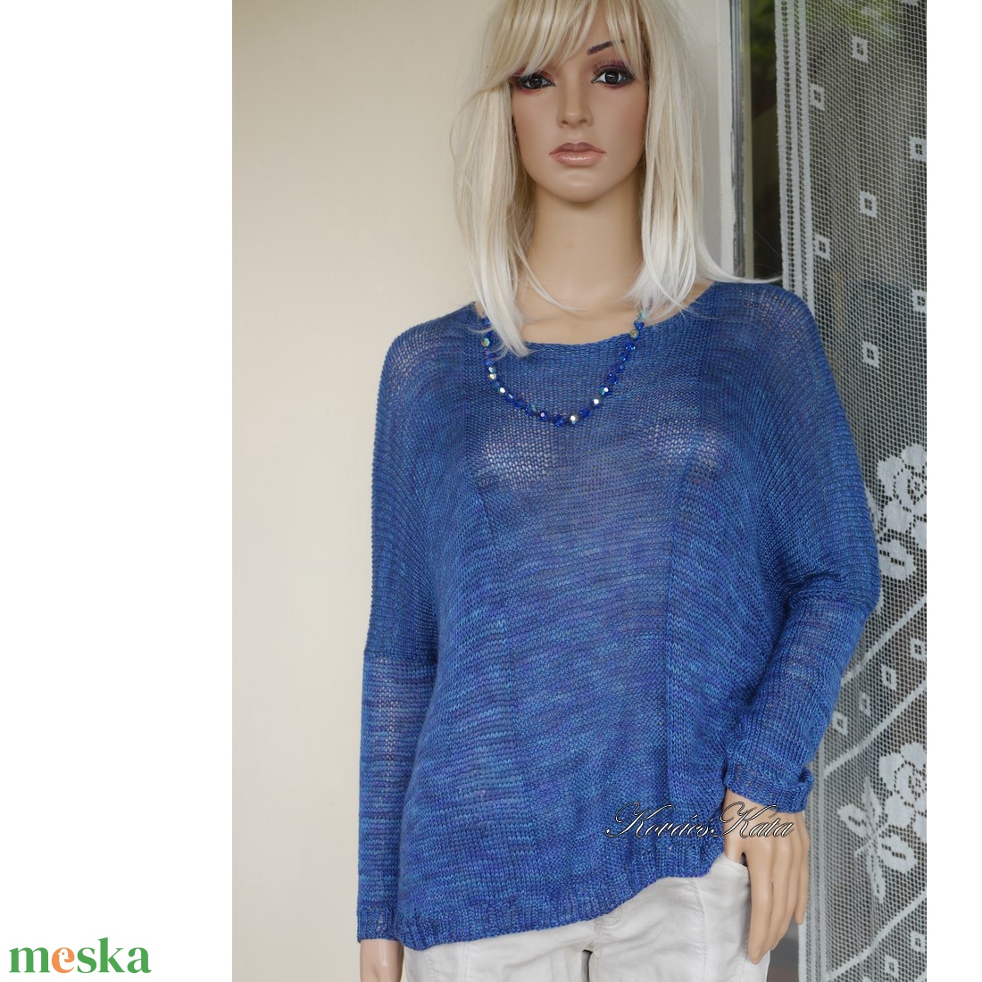 OPALMOON / luxy jak - exkluzív egyedileg festett kézzel kötött finom selyem pulóver / kék - ruha & divat - női ruha - pulóver - Meska.hu
