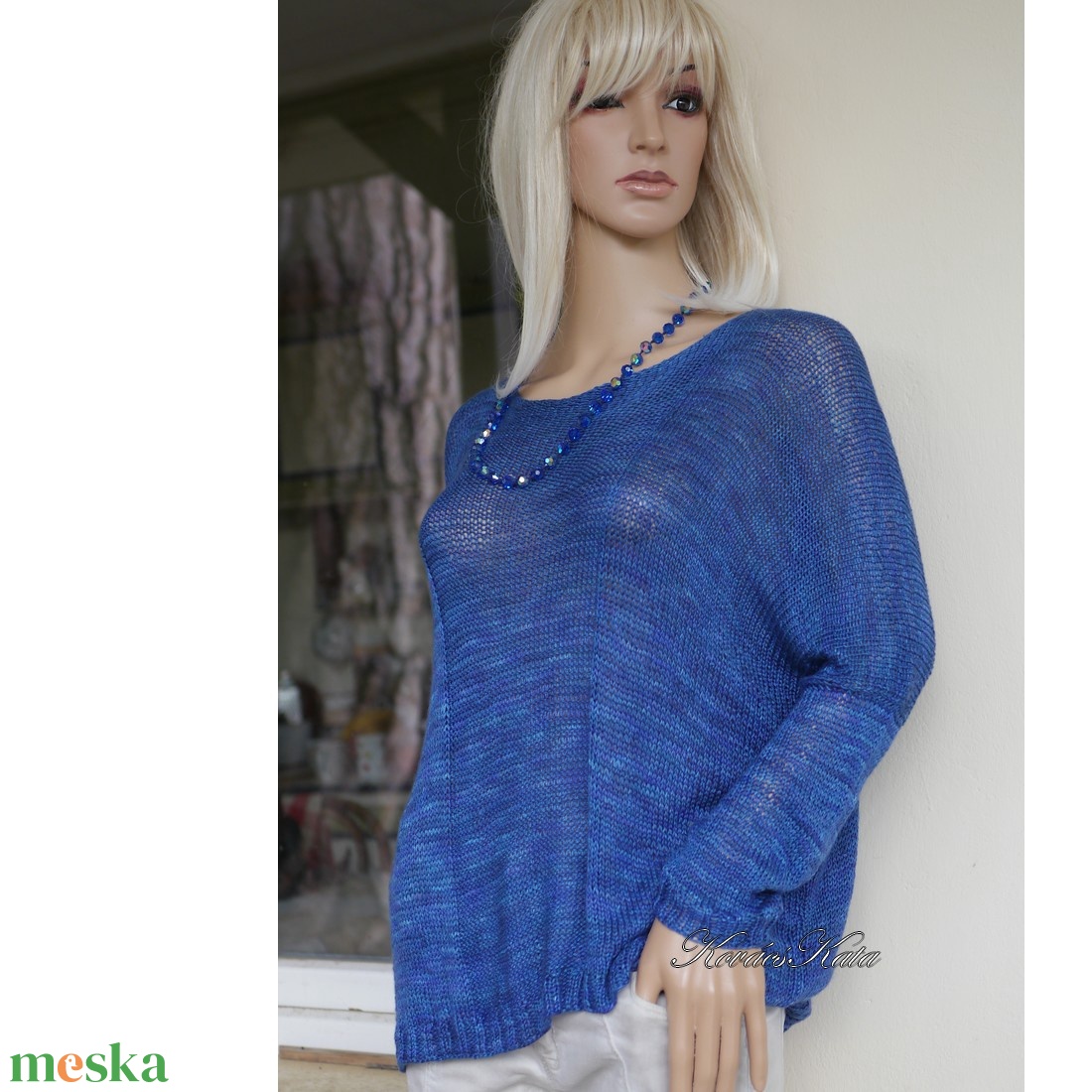 OPALMOON / luxy jak - exkluzív egyedileg festett kézzel kötött finom selyem pulóver / kék - ruha & divat - női ruha - pulóver - Meska.hu