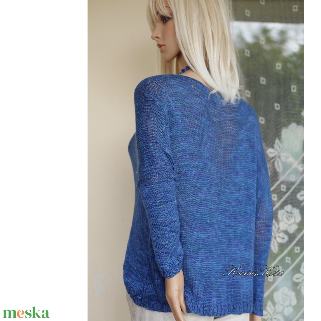 OPALMOON / luxy jak - exkluzív egyedileg festett kézzel kötött finom selyem pulóver / kék - ruha & divat - női ruha - pulóver - Meska.hu