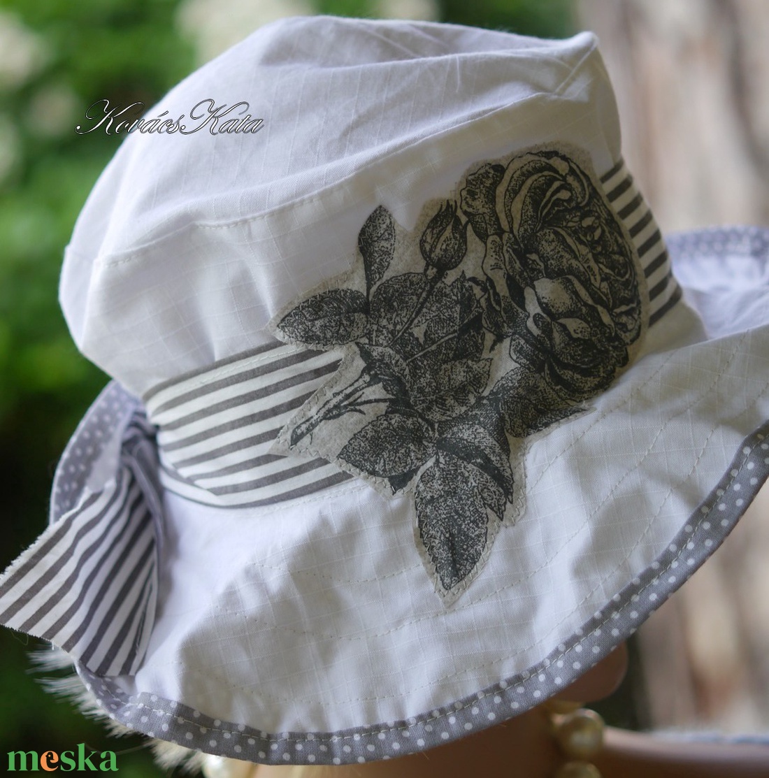 OLGA - nyári vászon design-kalap / szürkével - ruha & divat - sál, sapka, kendő - kalap - Meska.hu
