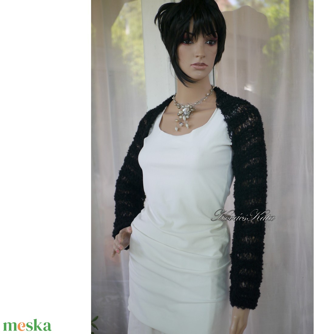ALPACA SHRUG - kézzel kötött alpakabuklé boleró, csipke kardigán / fekete  - ruha & divat - női ruha - shrug - Meska.hu