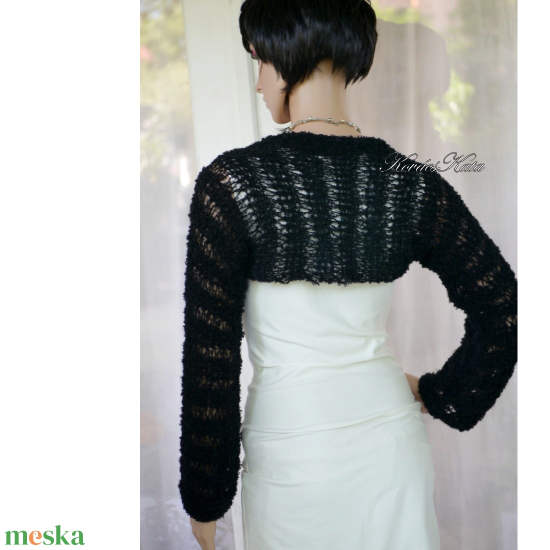 ALPACA SHRUG - kézzel kötött alpakabuklé boleró, csipke kardigán / fekete  - ruha & divat - női ruha - shrug - Meska.hu