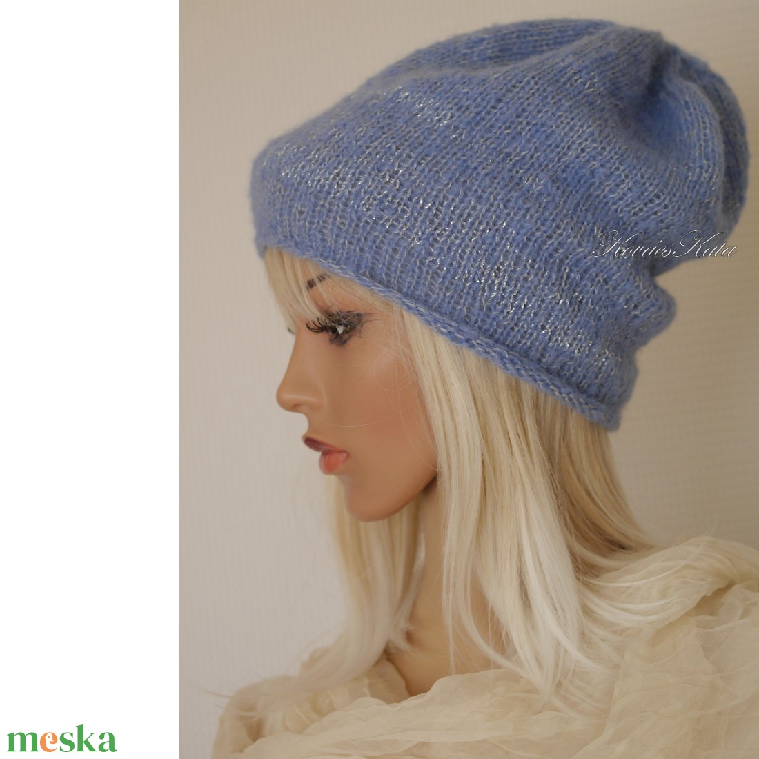DAPHNE - trendi kézzel kötött alpaka silk sapka / kék, ezüst - ruha & divat - sál, sapka, kendő - sapka - Meska.hu