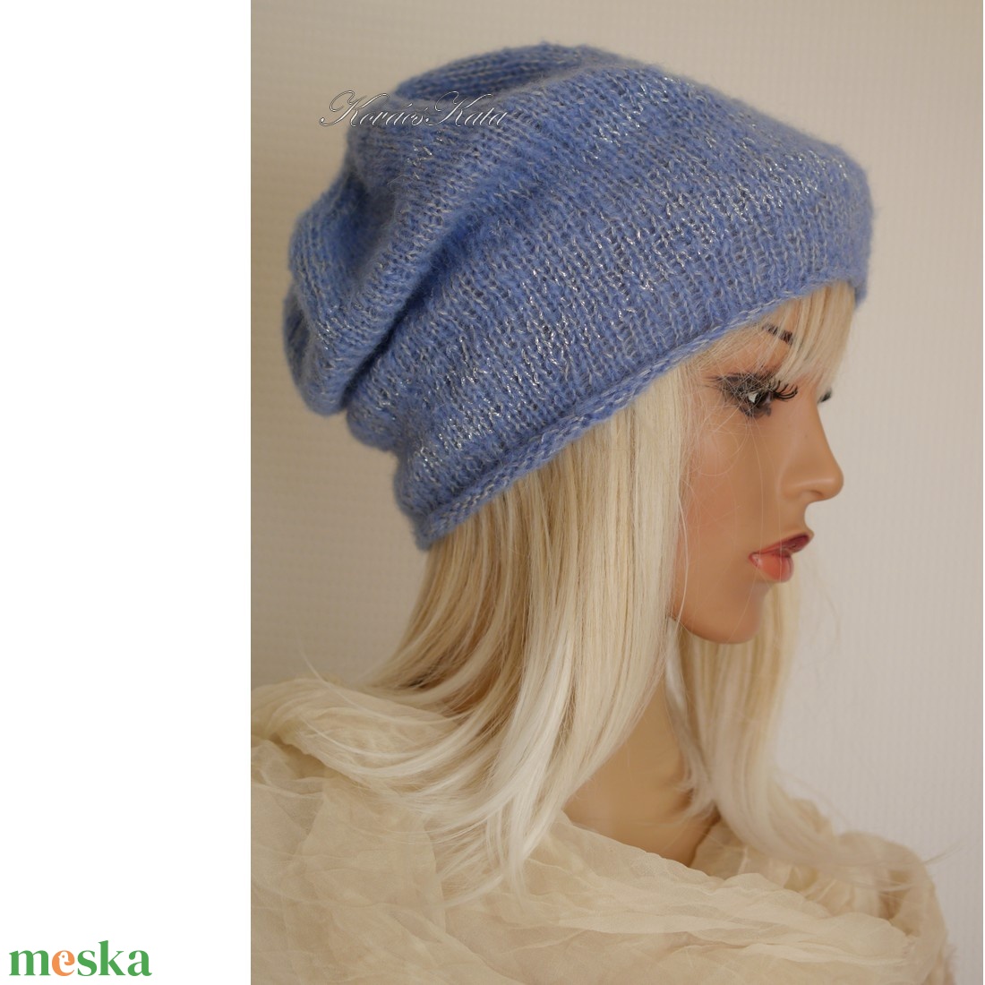 DAPHNE - trendi kézzel kötött alpaka silk sapka / kék, ezüst - ruha & divat - sál, sapka, kendő - sapka - Meska.hu