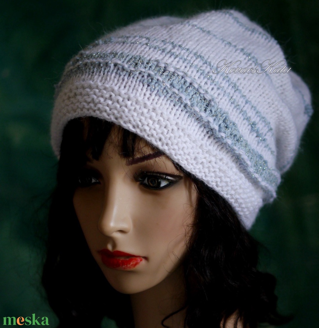 ANGORA LUX - artsy kézzel kötött angora sapka / fehér, jade - ruha & divat - sál, sapka, kendő - sapka - Meska.hu