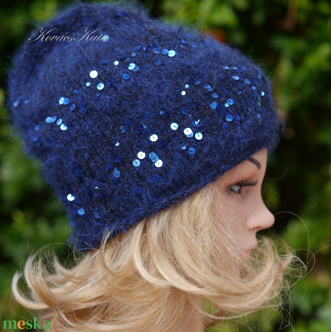 FIFI / éjkék - flitteres angora beanie kézzel kötött slouchy sapka  - ruha & divat - sál, sapka, kendő - sapka - Meska.hu