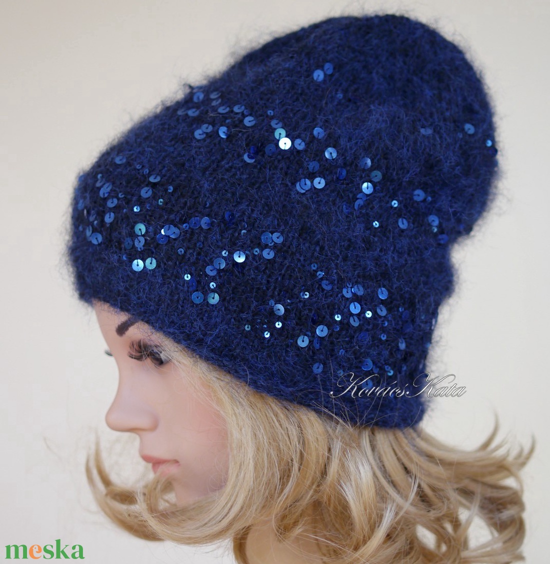 FIFI / éjkék - flitteres angora beanie kézzel kötött slouchy sapka  - ruha & divat - sál, sapka, kendő - sapka - Meska.hu