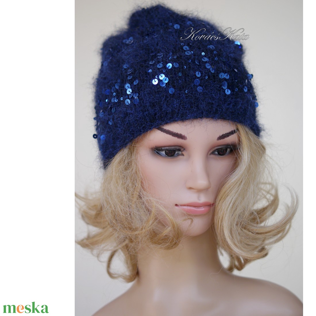 FIFI / éjkék - flitteres angora beanie kézzel kötött slouchy sapka  - ruha & divat - sál, sapka, kendő - sapka - Meska.hu