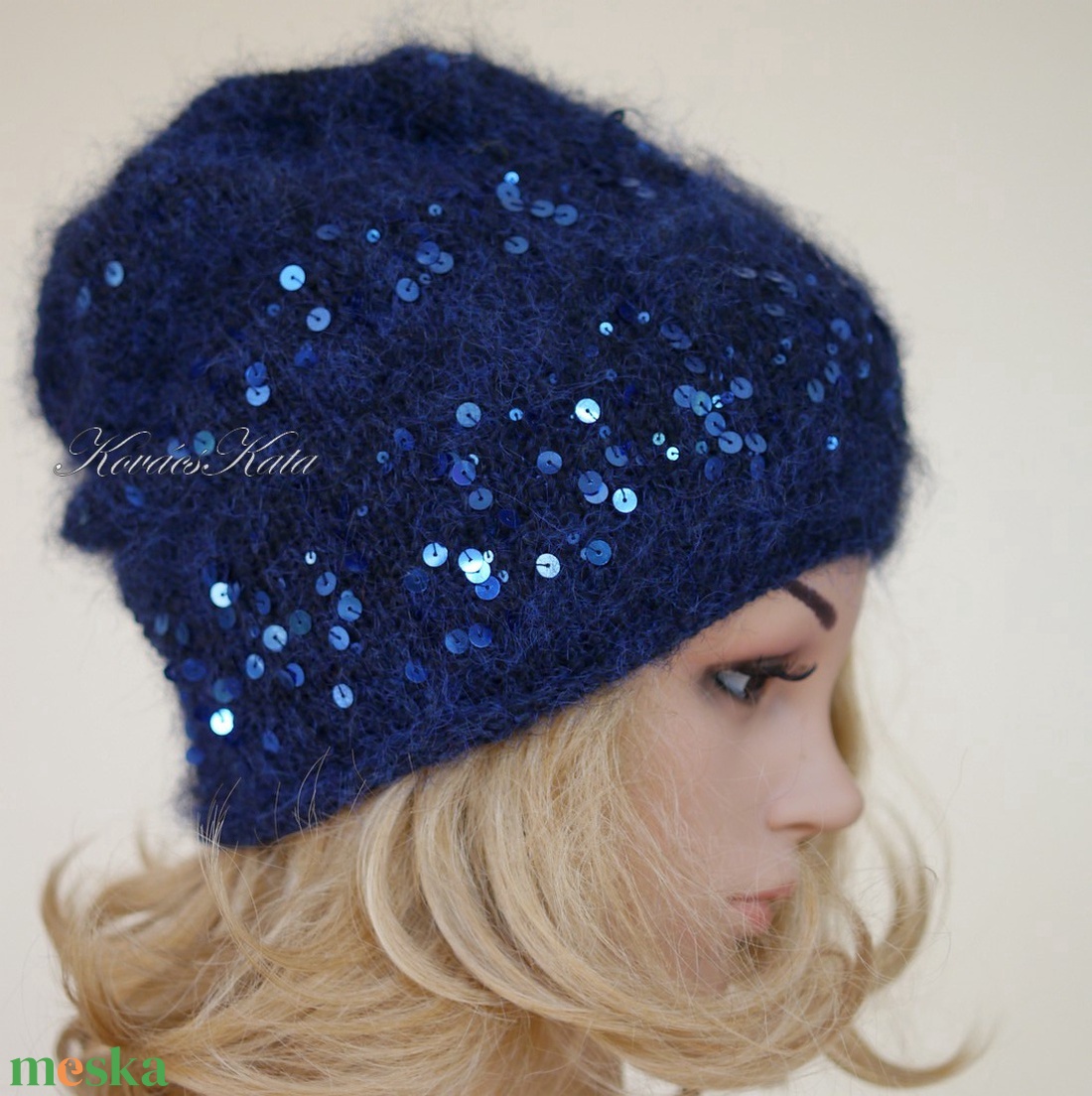 FIFI / éjkék - flitteres angora beanie kézzel kötött slouchy sapka  - ruha & divat - sál, sapka, kendő - sapka - Meska.hu