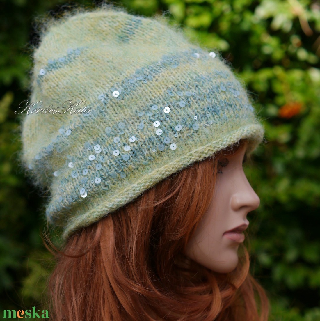 FIFI / lime - flitteres angora beanie kézzel kötött slouchy sapka  - ruha & divat - sál, sapka, kendő - sapka - Meska.hu