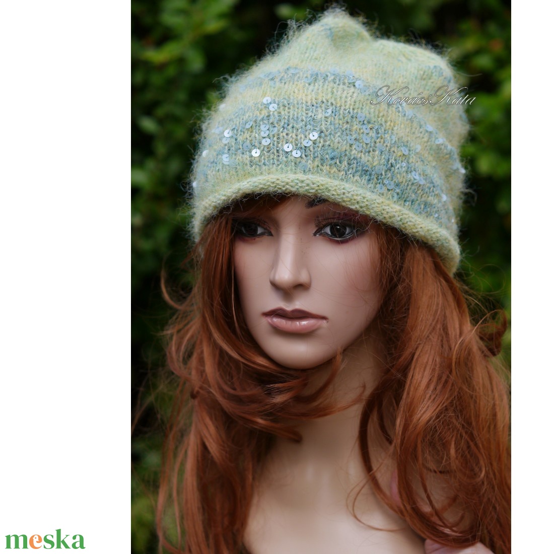 FIFI / lime - flitteres angora beanie kézzel kötött slouchy sapka  - ruha & divat - sál, sapka, kendő - sapka - Meska.hu