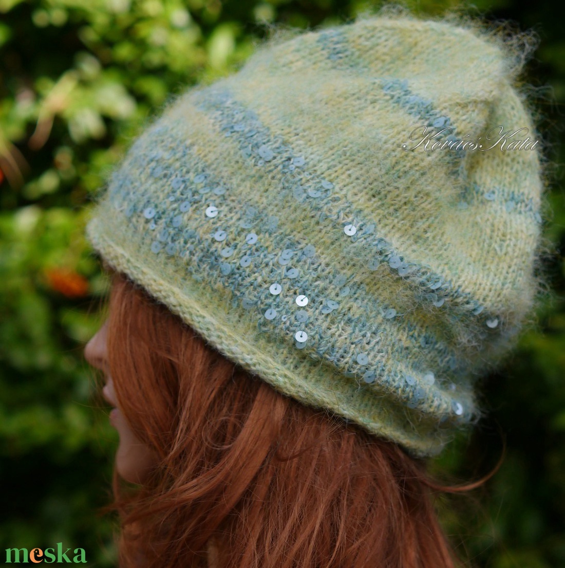 FIFI / lime - flitteres angora beanie kézzel kötött slouchy sapka  - ruha & divat - sál, sapka, kendő - sapka - Meska.hu