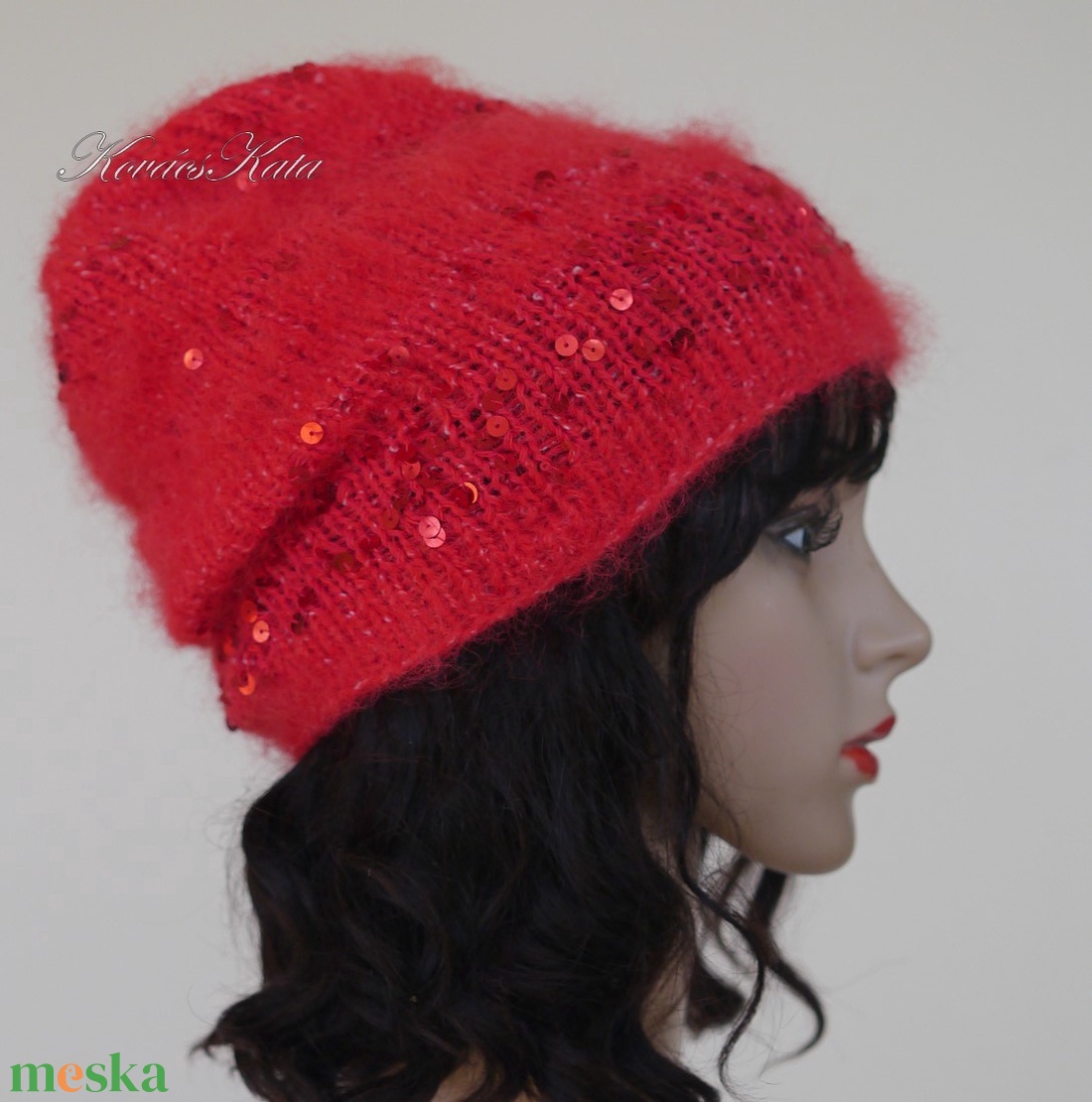 FIFI / piros - flitteres angora beanie kézzel kötött slouchy sapka  - ruha & divat - sál, sapka, kendő - sapka - Meska.hu
