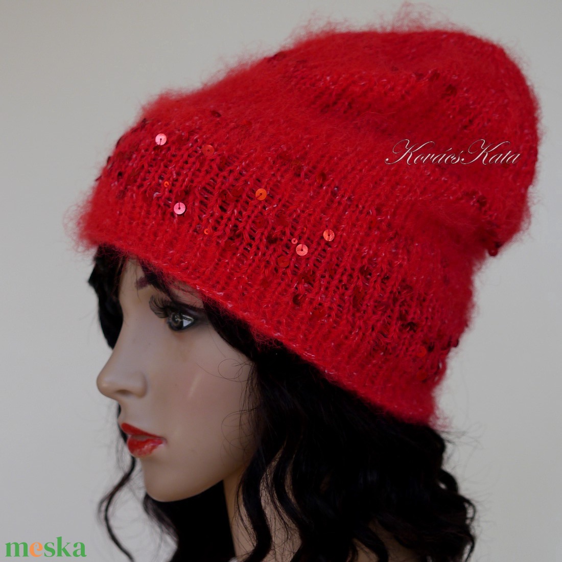 FIFI / piros - flitteres angora beanie kézzel kötött slouchy sapka  - ruha & divat - sál, sapka, kendő - sapka - Meska.hu