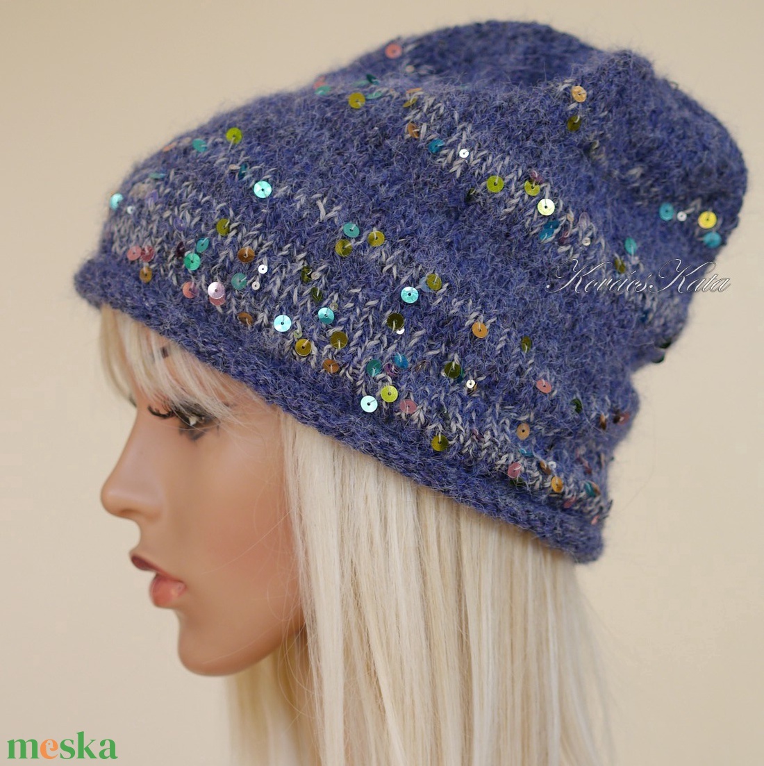 FIFI / farmerkék - flitteres angora beanie kézzel kötött slouchy sapka  - ruha & divat - sál, sapka, kendő - sapka - Meska.hu