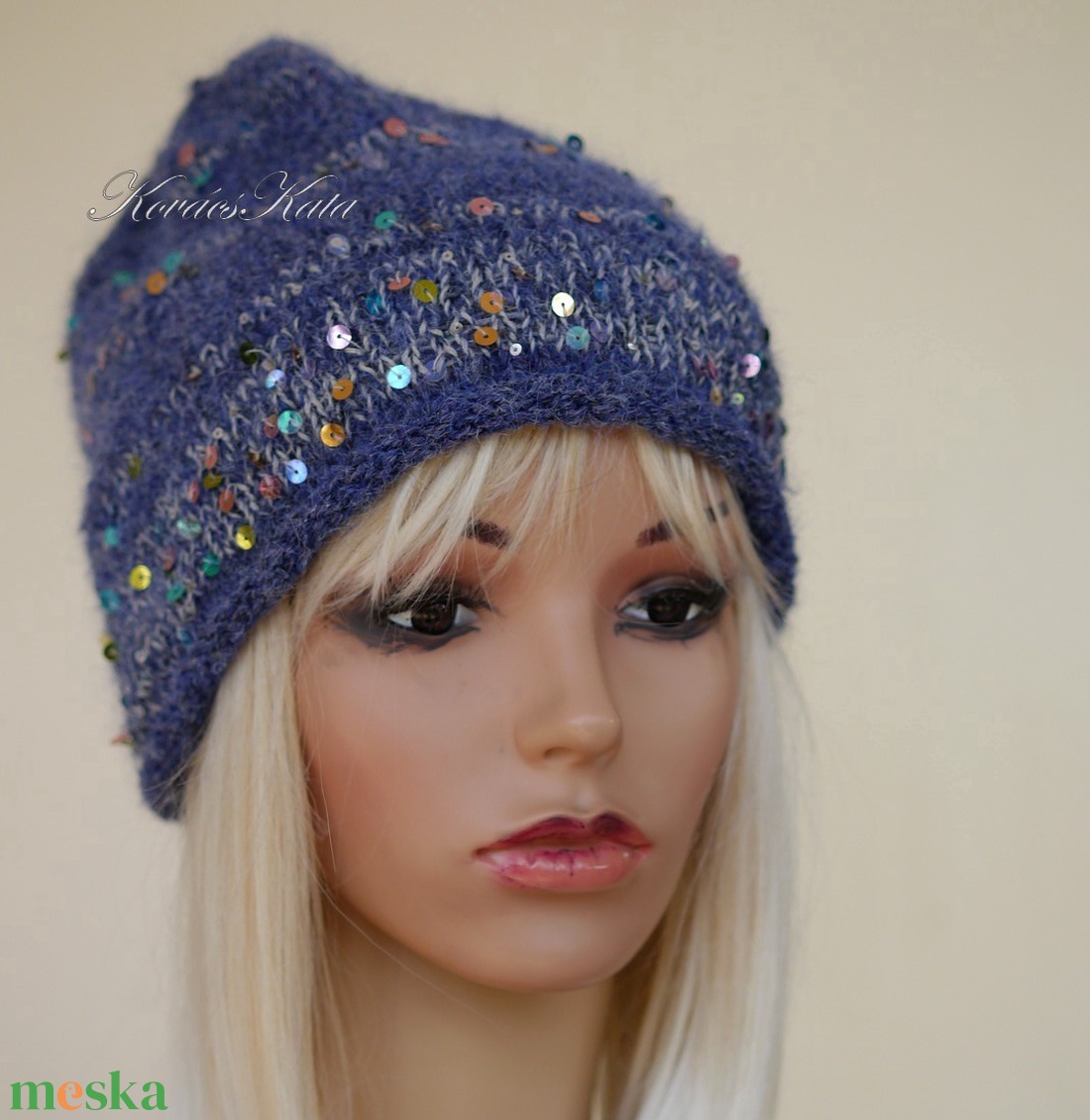 FIFI / farmerkék - flitteres angora beanie kézzel kötött slouchy sapka  - ruha & divat - sál, sapka, kendő - sapka - Meska.hu