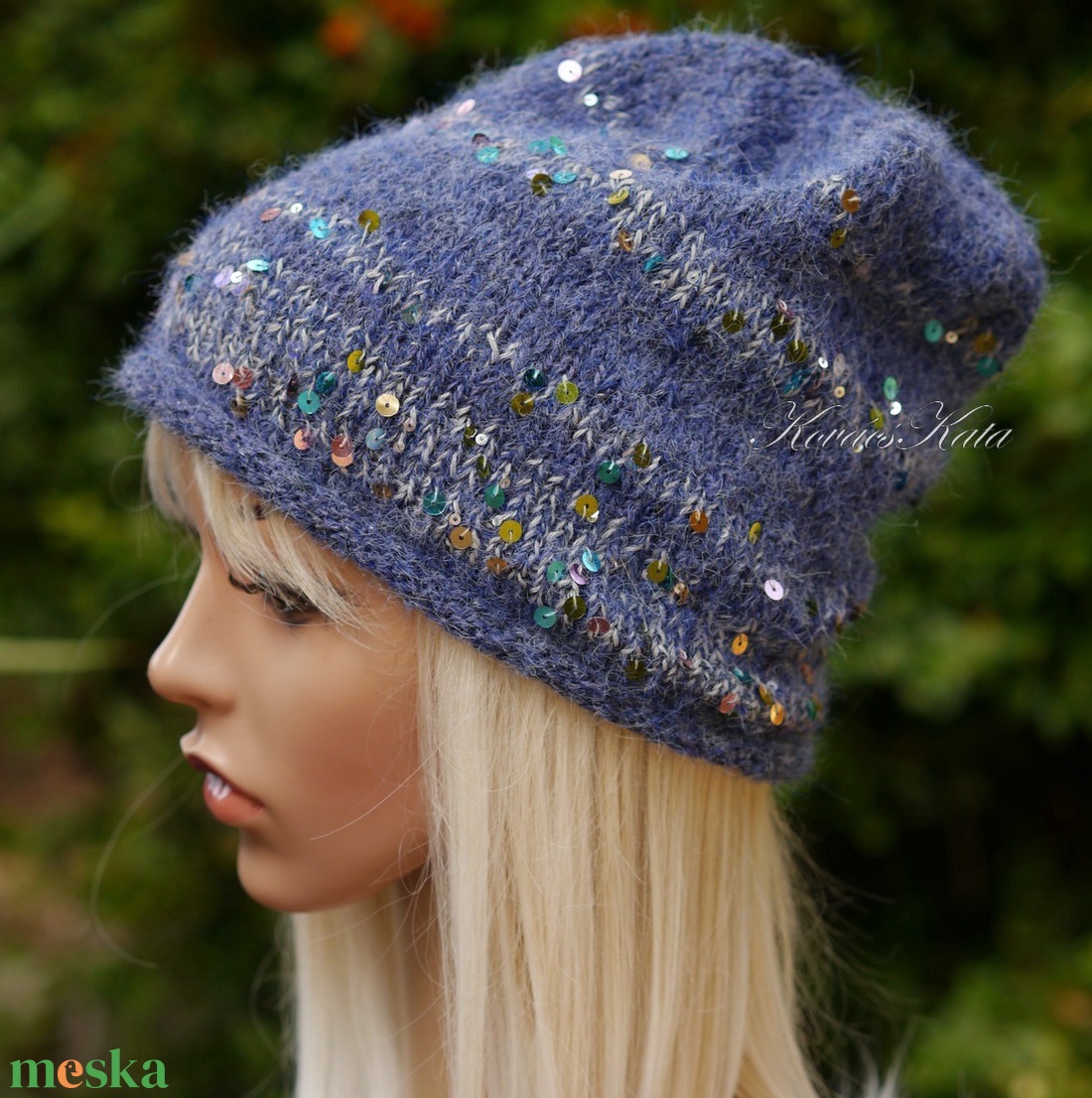 FIFI / farmerkék - flitteres angora beanie kézzel kötött slouchy sapka  - ruha & divat - sál, sapka, kendő - sapka - Meska.hu