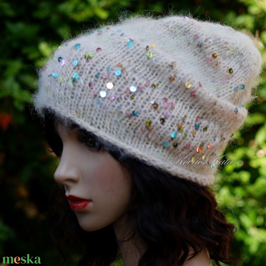 FIFI / bézs - flitteres alpaka beanie kézzel kötött slouchy sapka  - ruha & divat - sál, sapka, kendő - sapka - Meska.hu