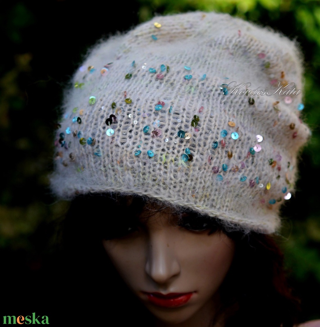 FIFI / bézs - flitteres alpaka beanie kézzel kötött slouchy sapka  - ruha & divat - sál, sapka, kendő - sapka - Meska.hu