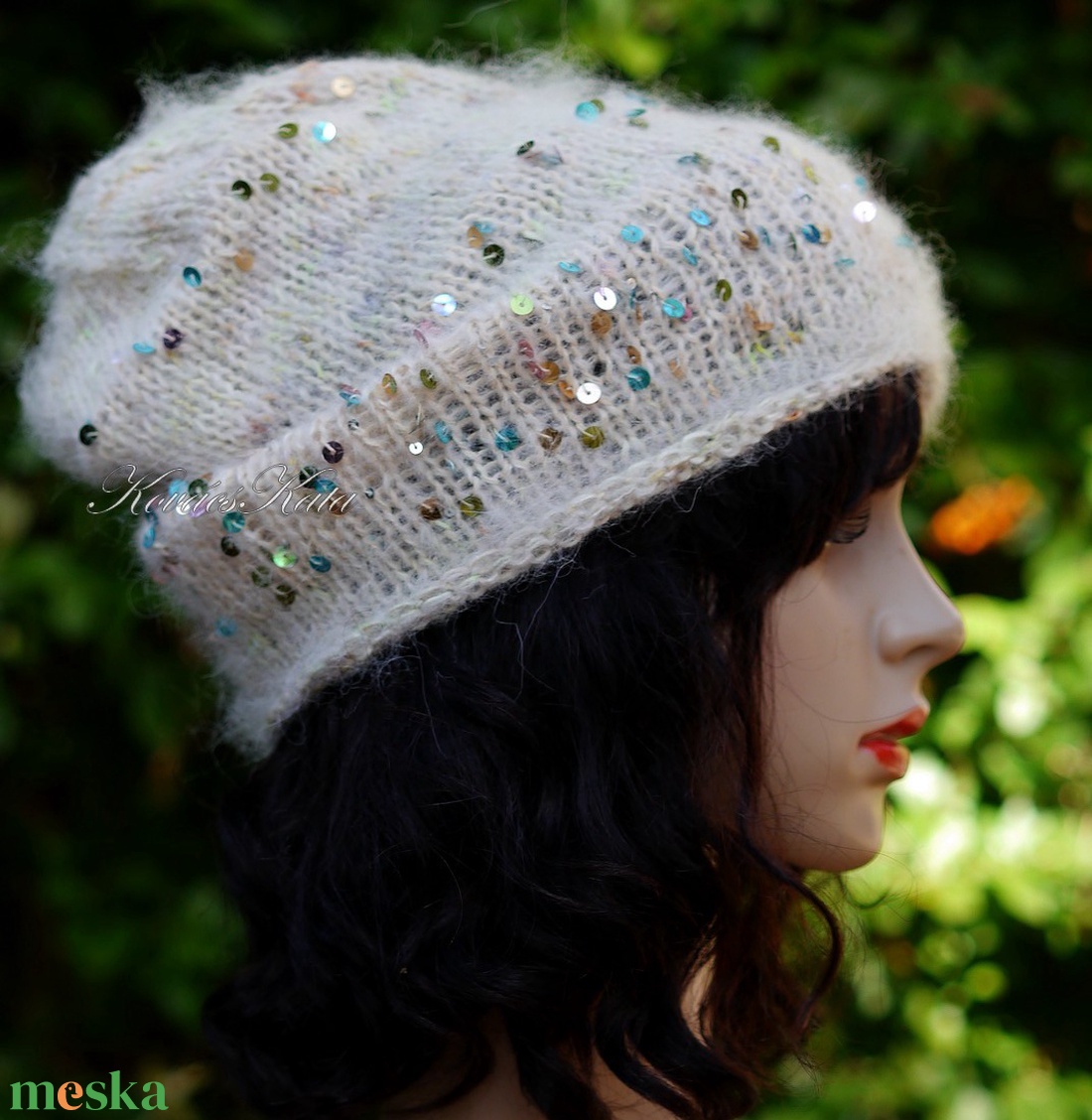 FIFI / bézs - flitteres alpaka beanie kézzel kötött slouchy sapka  - ruha & divat - sál, sapka, kendő - sapka - Meska.hu