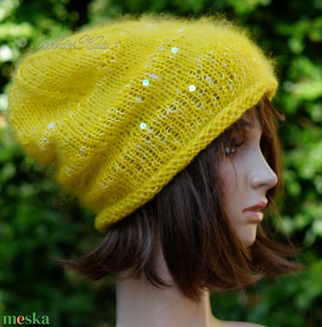 FIFI / sárga - flitteres kidmohair beanie kézzel kötött slouchy sapka  - ruha & divat - sál, sapka, kendő - sapka - Meska.hu