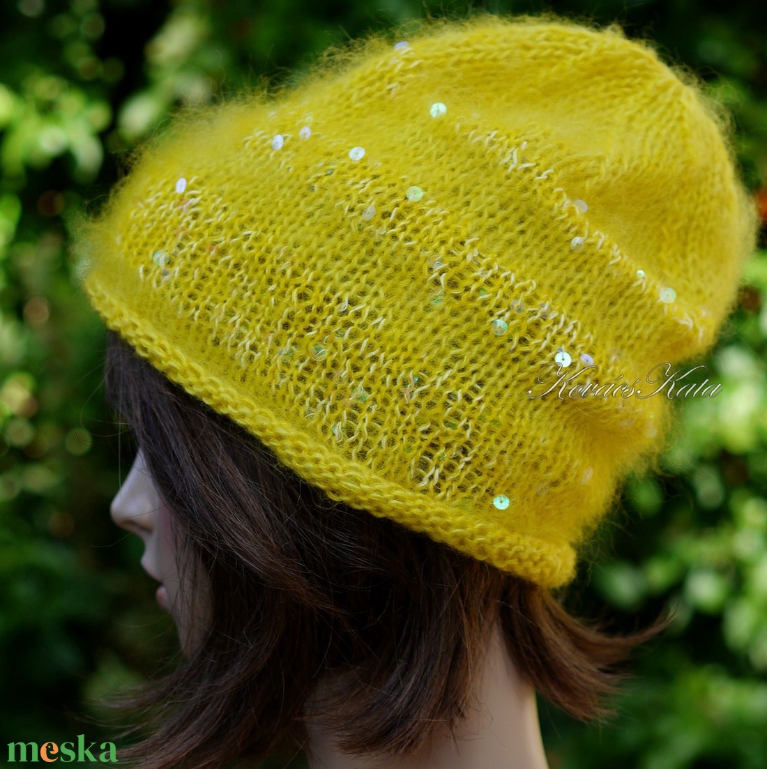 FIFI / sárga - flitteres kidmohair beanie kézzel kötött slouchy sapka  - ruha & divat - sál, sapka, kendő - sapka - Meska.hu