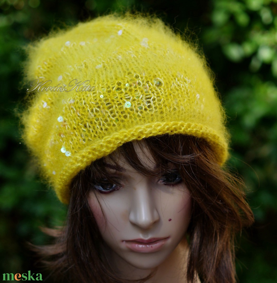 FIFI / sárga - flitteres kidmohair beanie kézzel kötött slouchy sapka  - ruha & divat - sál, sapka, kendő - sapka - Meska.hu