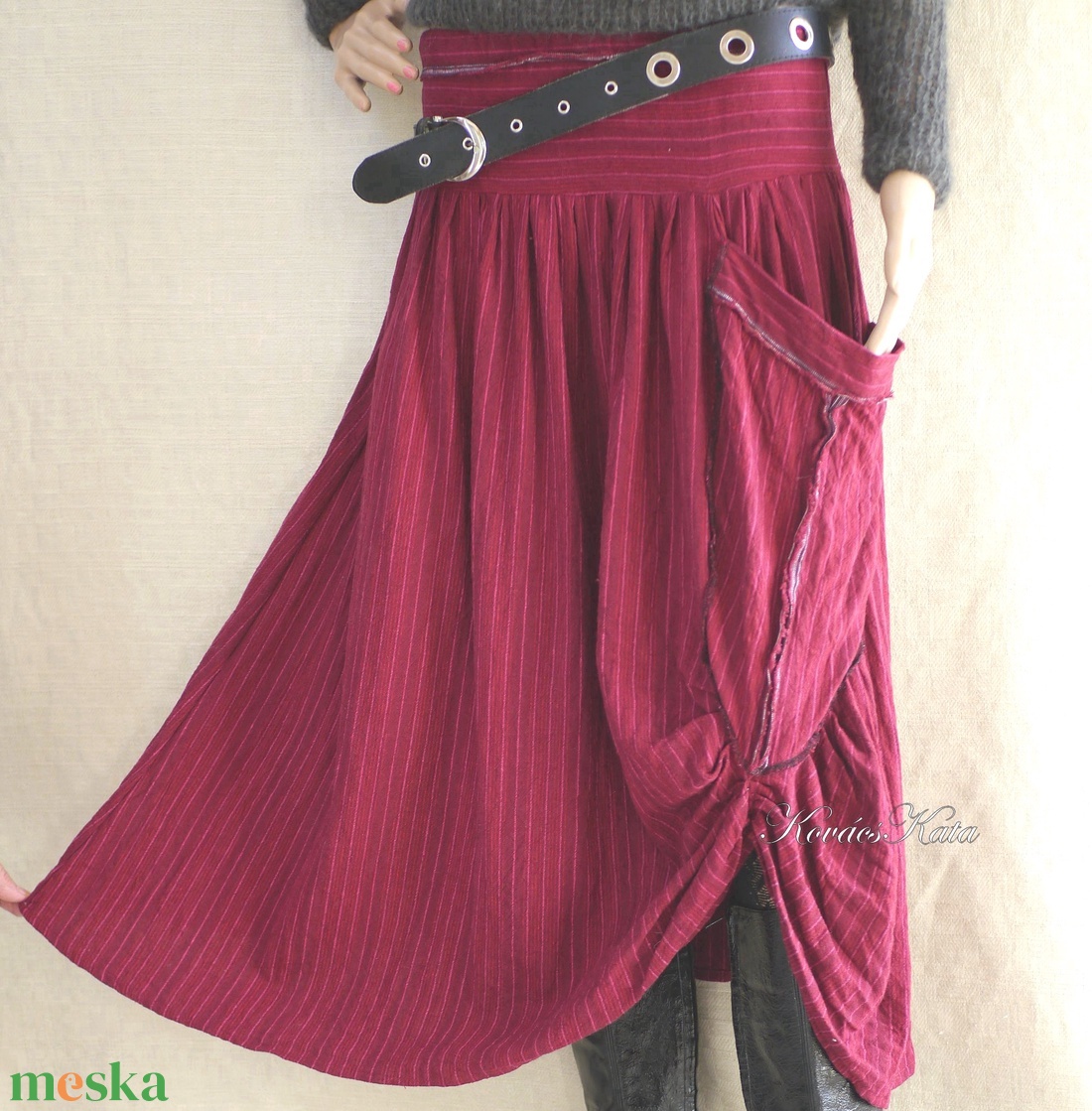 LUCA-SZOKNYA / bordó lenszövet - lagenlook fashion design  - ruha & divat - női ruha - szoknya - Meska.hu