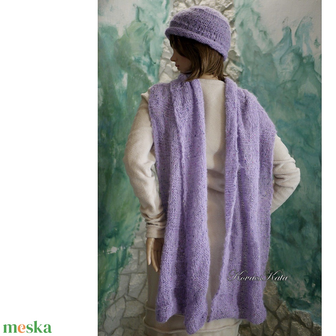 VIVIEN-SZETT - kézzel kötött  mohair stóla, sál sapkával / pasztell-orgona BO-HO - ruha & divat - sál, sapka, kendő - sál - Meska.hu
