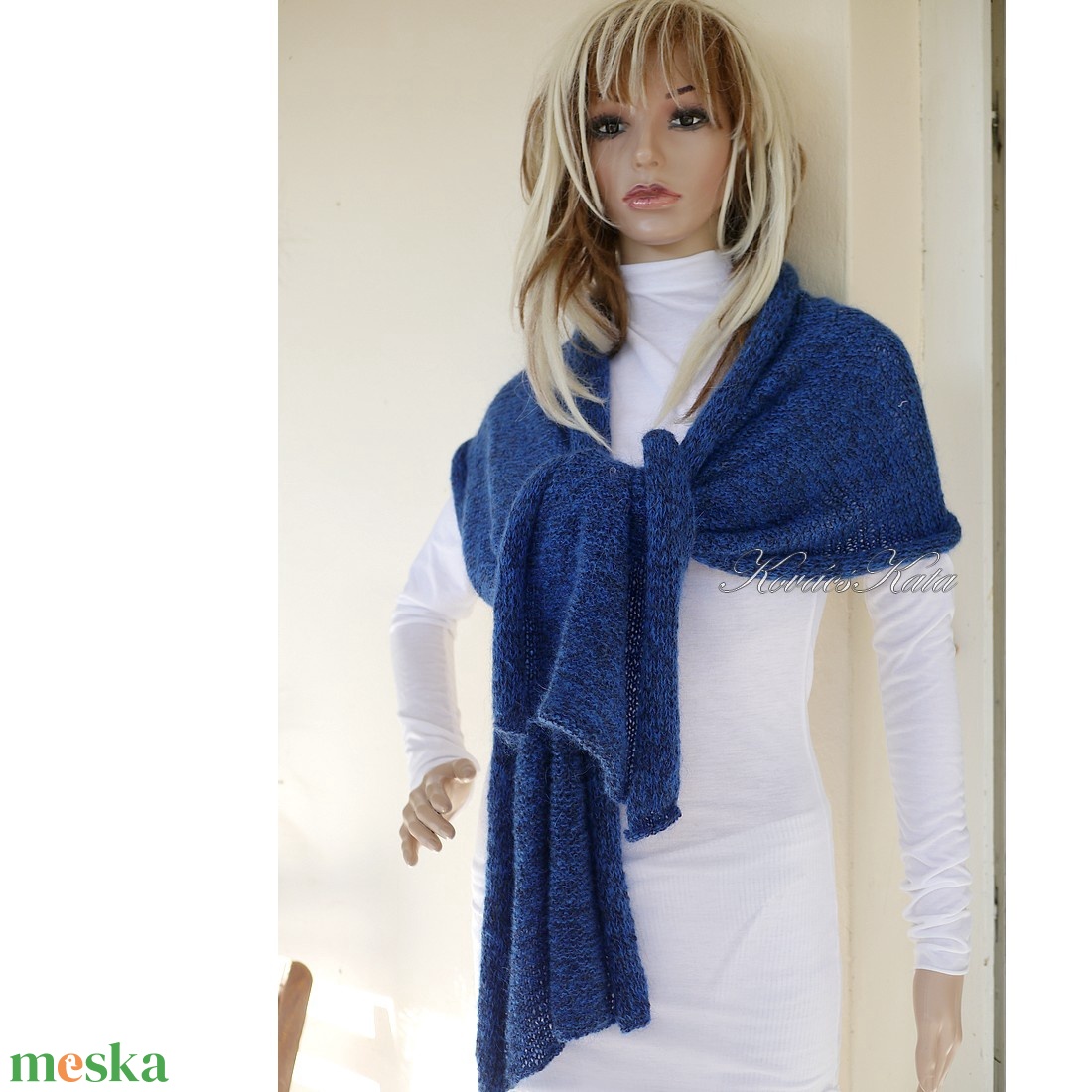 GABI-SÁL - exkluzív kézzel kötött mohair stóla, széles sál / szilvakék - ruha & divat - sál, sapka, kendő - stóla - Meska.hu