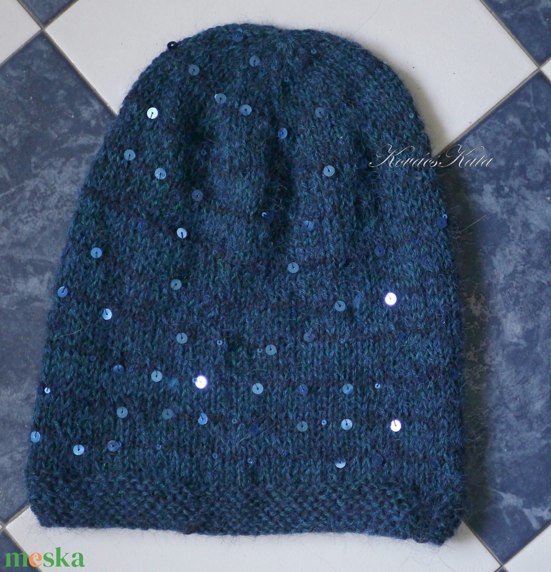 FIFI / petrolkék - flitteres 100% alpaca beanie kézzel kötött slouchy sapka  - ruha & divat - sál, sapka, kendő - sapka - Meska.hu