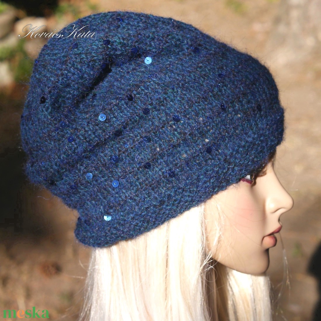 FIFI / petrolkék - flitteres 100% alpaca beanie kézzel kötött slouchy sapka  - ruha & divat - sál, sapka, kendő - sapka - Meska.hu