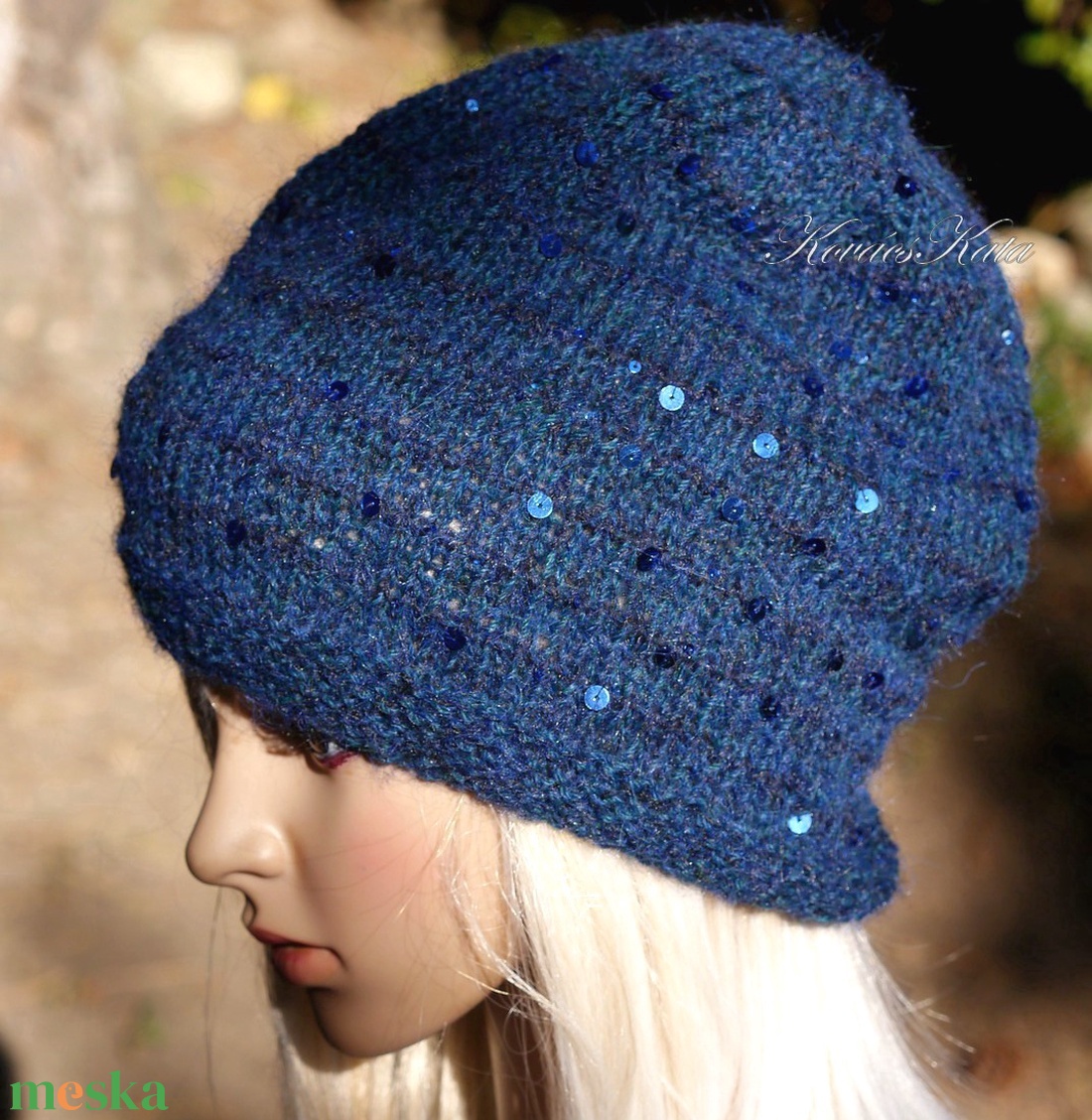 FIFI / petrolkék - flitteres 100% alpaca beanie kézzel kötött slouchy sapka  - ruha & divat - sál, sapka, kendő - sapka - Meska.hu
