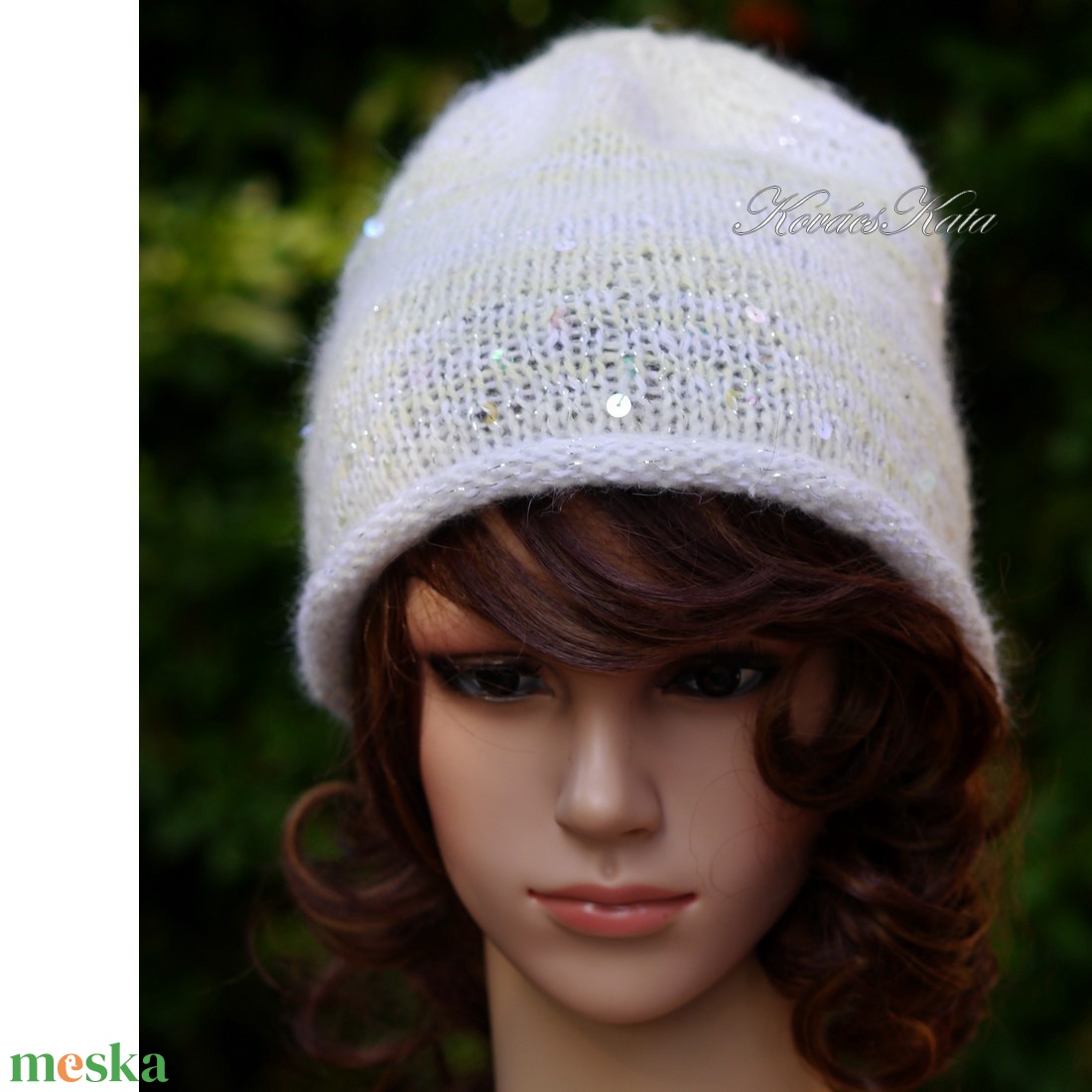 FIFI / ANGORA LUX - exkluzív flitteres kézzel kötött angora slouchy sapka / fehér, ezüst - ruha & divat - sál, sapka, kendő - sapka - Meska.hu