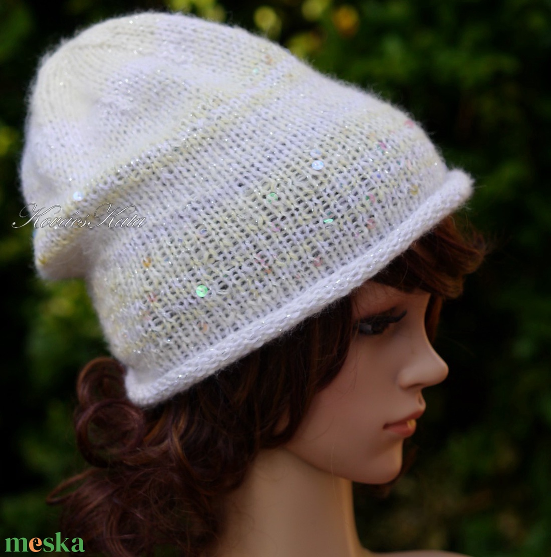 FIFI / ANGORA LUX - exkluzív flitteres kézzel kötött angora slouchy sapka / fehér, ezüst - ruha & divat - sál, sapka, kendő - sapka - Meska.hu