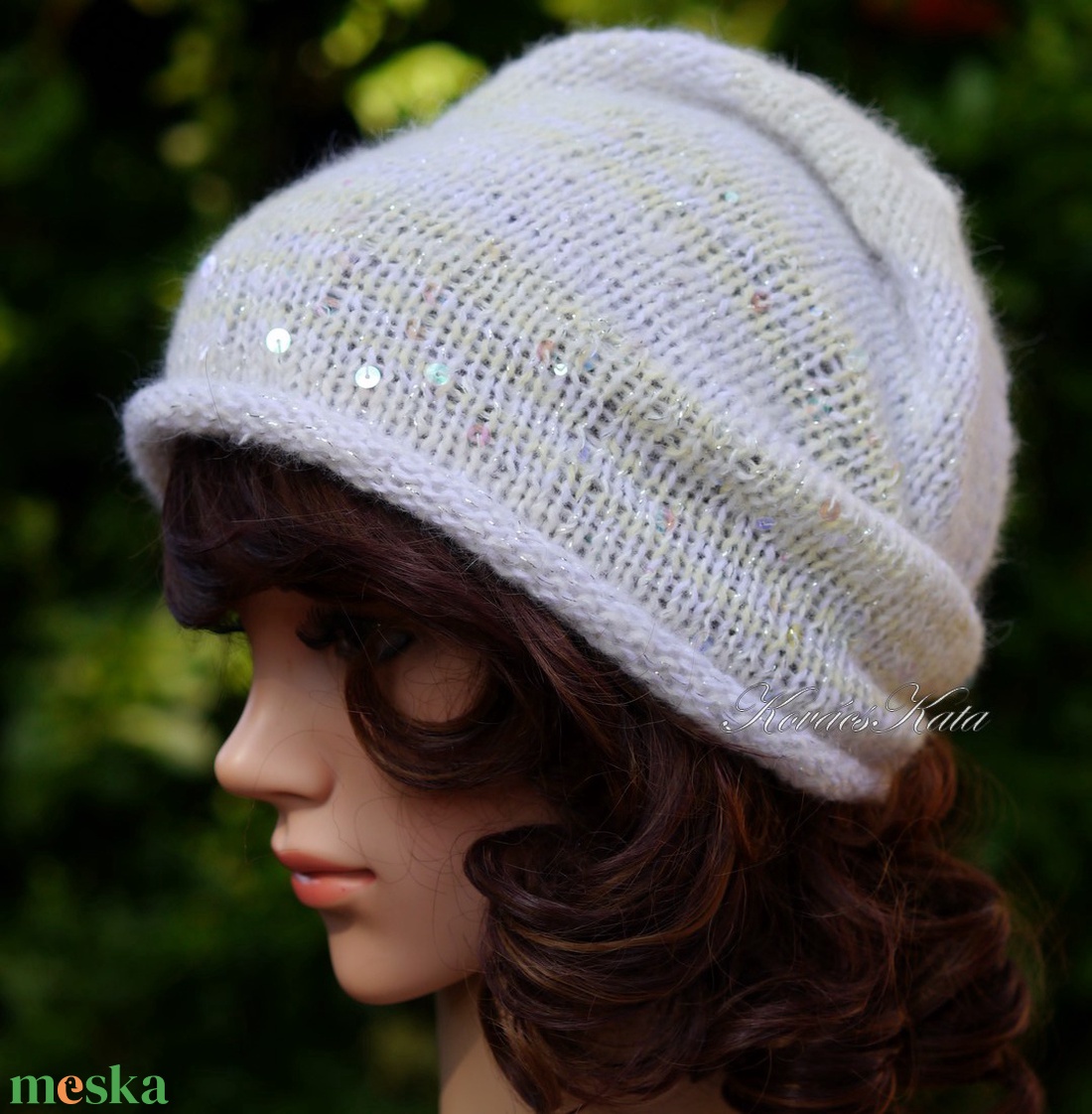 FIFI / ANGORA LUX - exkluzív flitteres kézzel kötött angora slouchy sapka / fehér, ezüst - ruha & divat - sál, sapka, kendő - sapka - Meska.hu