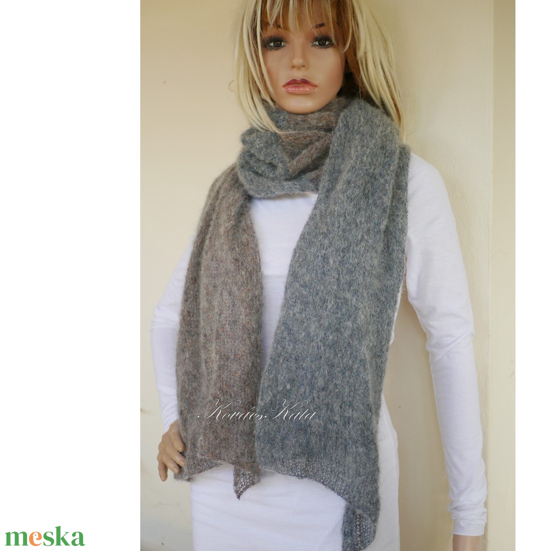 DUETT-STÓLA / Misty - exkluzív kézzel kötött kidmohair stóla, széles sál / szürke, barna - ruha & divat - sál, sapka, kendő - stóla - Meska.hu