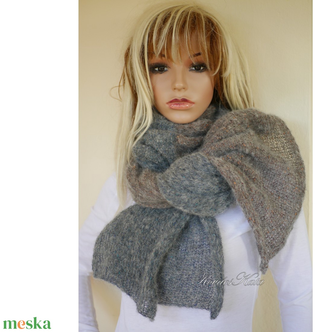 DUETT-STÓLA / Misty - exkluzív kézzel kötött kidmohair stóla, széles sál / szürke, barna - ruha & divat - sál, sapka, kendő - stóla - Meska.hu