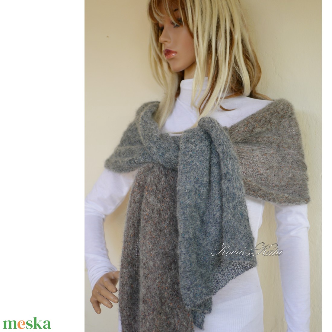 DUETT-STÓLA / Misty - exkluzív kézzel kötött kidmohair stóla, széles sál / szürke, barna - ruha & divat - sál, sapka, kendő - stóla - Meska.hu