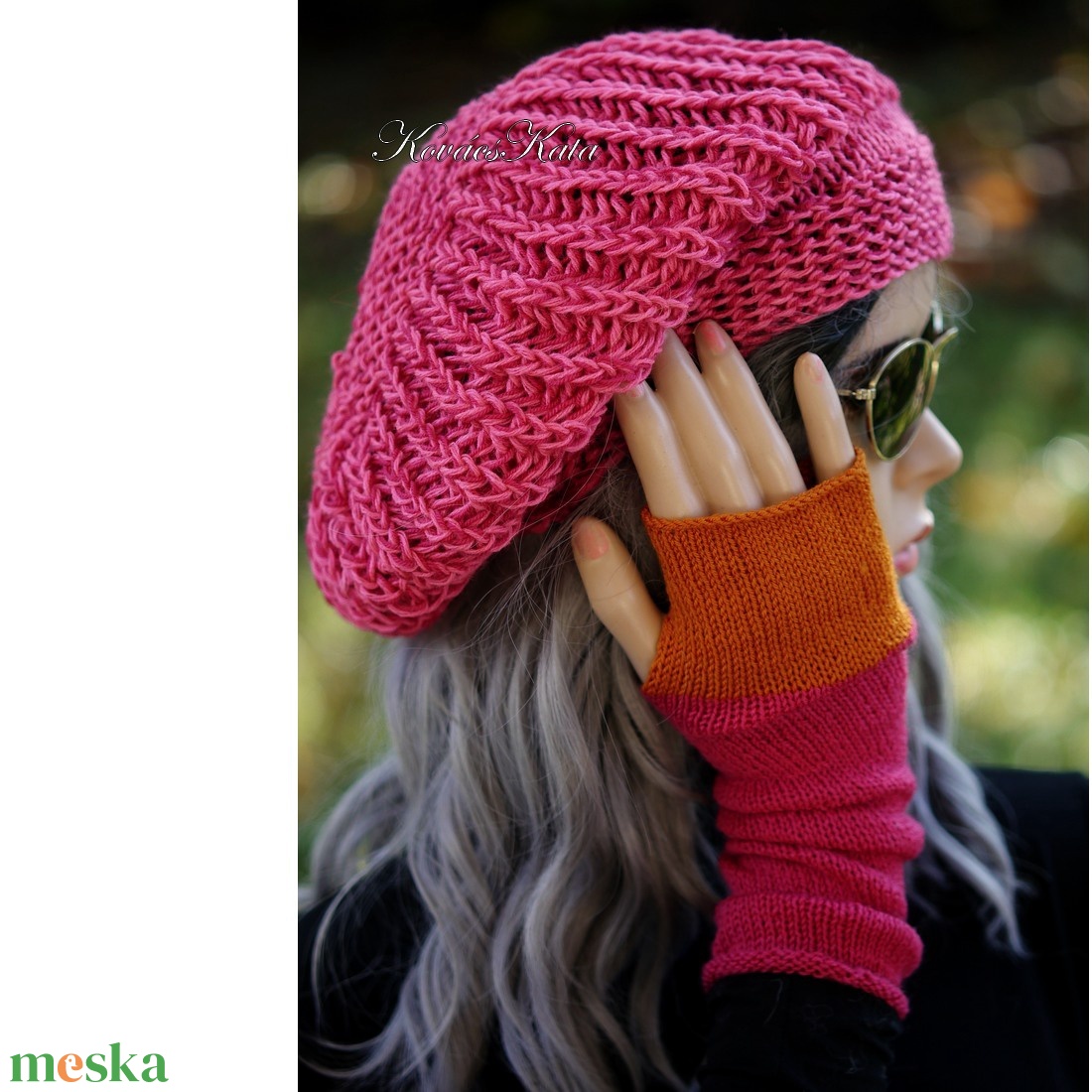 BORBÁLA-SZETT - kézzel kötött gombasapka kesztyűvel / fukszia silk  - ruha & divat - sál, sapka, kendő - sapka - Meska.hu