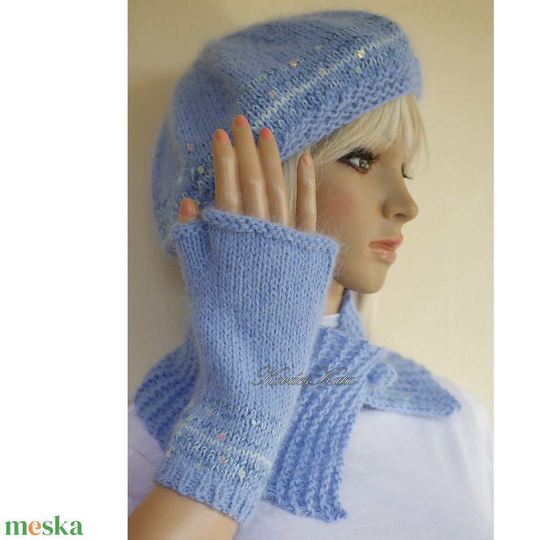 ANGIE-SZETT - exkluzív kézzel kötött flitteres spiky angora svájci sapka, sál és kesztyű / égkék - ruha & divat - sál, sapka, kendő - sapka & sál szett - Meska.hu