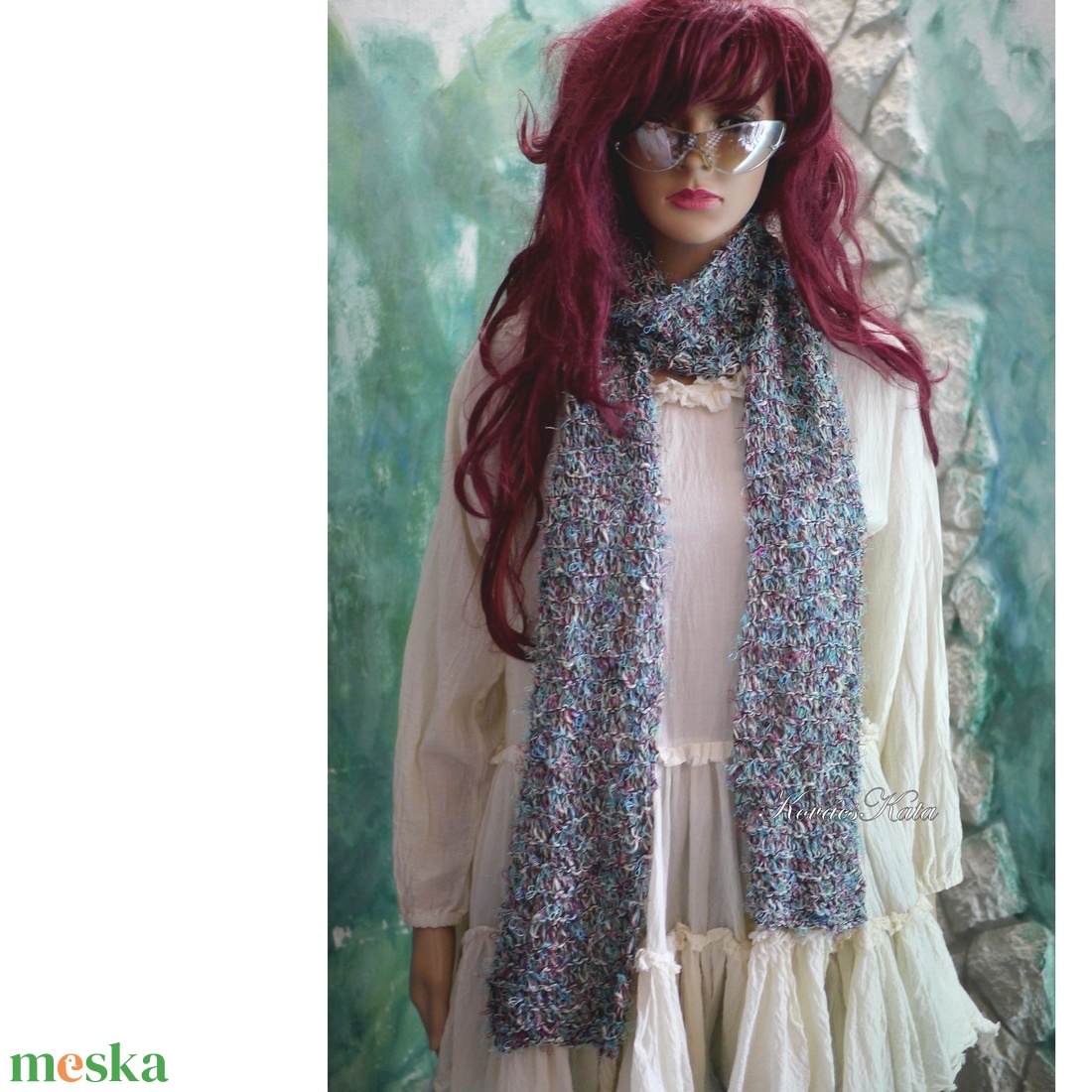 SANSA  - kézzel kötött design-sál / türkiz - ruha & divat - sál, sapka, kendő - sál - Meska.hu