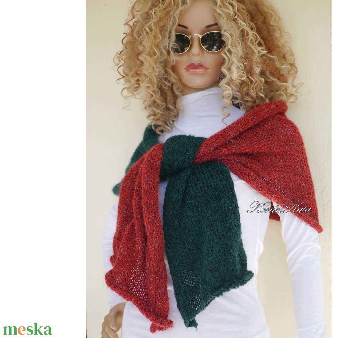 DUETT-STÓLA / csillám - exkluzív kézzel kötött kidmohair stóla, széles sál / zöld, bordó - ruha & divat - sál, sapka, kendő - stóla - Meska.hu