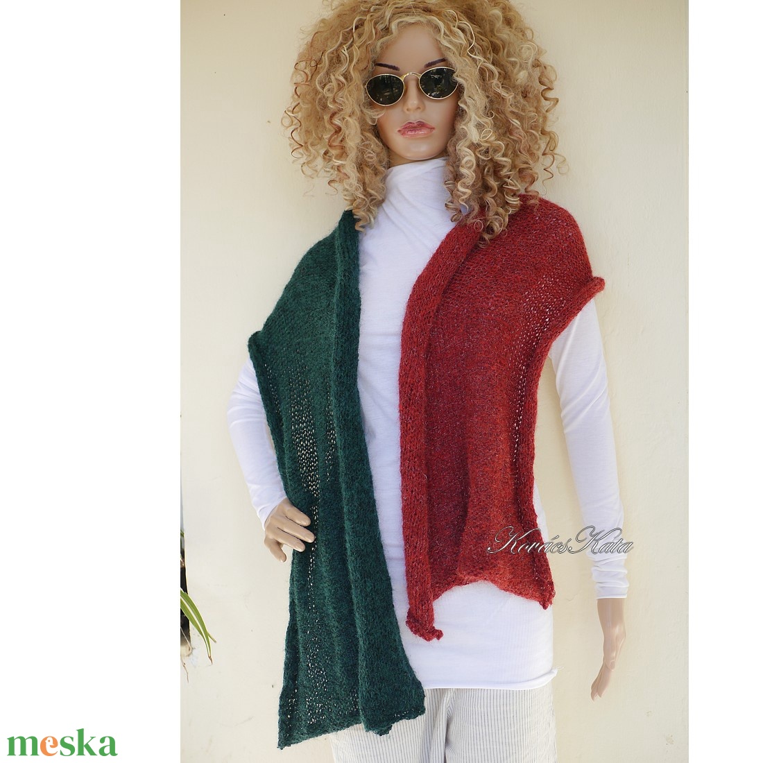 DUETT-STÓLA / csillám - exkluzív kézzel kötött kidmohair stóla, széles sál / zöld, bordó - ruha & divat - sál, sapka, kendő - stóla - Meska.hu