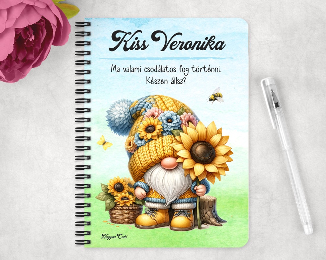 Személyre szabható - Cuki napraforgós manó mintás A6-os füzet - otthon & életmód - papír, írószer - jegyzetfüzet & napló - Meska.hu